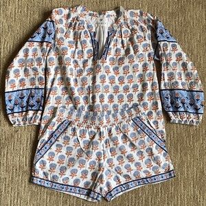 Printed Cotton Sleep Romper in White with Blue & Orange Floral